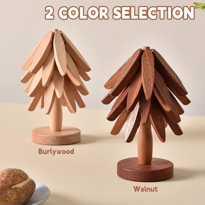Wooden Tree Trivets,Trivets for Hot Dishes, Tree Coasters | Set of 5 with Stand, Foldable Kitchen Trivets 1 Stand like a Christmas Tree Trivets for Pots, Pans, Bowls & Teapots2