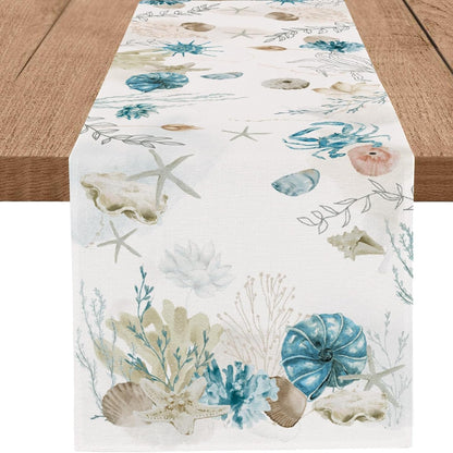 Blue Beach Table Runner Tropical Ocean Coastal Table Runners Seashell Burlap Seasonal Nautical Kitchen Dining Coffee Table Decor for Home Holiday Party Indoor Outdoor 13X72 Inch1