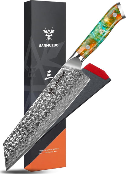 8.5" Kiritsuke Knife - Professional Kitchen Chef Knife - Hammered Damascus Steel & Resin Handle - YAO Series1