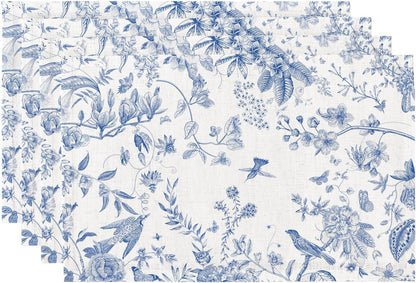 Boho Table Placemats Set of 4, 12"X18" Linen Place Mats, Blue Garden1