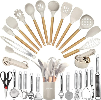 Kitchen Utensils Set- 35 Pcs Cooking Utensils with Grater,Tongs, Spoon Spatula &Turner Made of Heat Resistant Food Grade Silicone and Wooden Handles Kitchen Gadgets Tools Set for Nonstick Cookware1