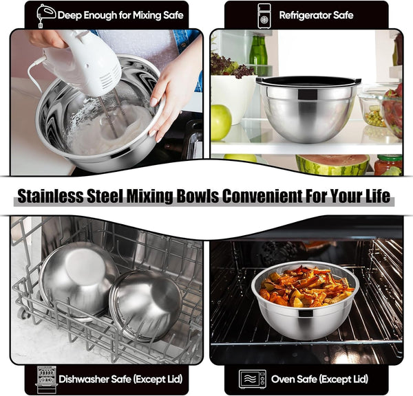 Metal Mixing Bowls with Lids Set, Airtight Lids & Black6
