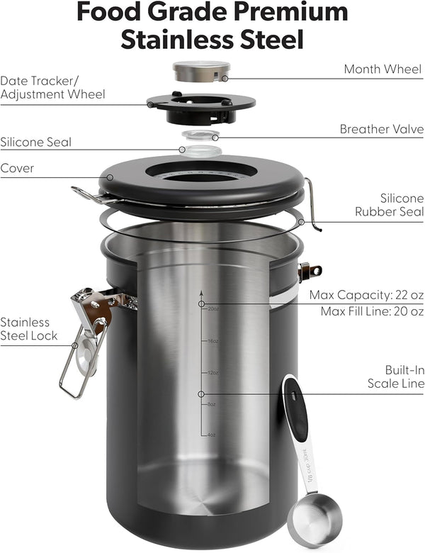 Coffee Canister with Window, Airtight Stainless Steel Container, 22OZ7