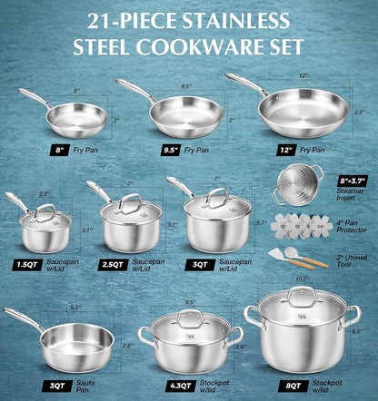 Stainless Steel Cookware Set 21 Piece with 5-Layer Base, Professional 18/10 Stianless Steel Pots and Pans Set, Oven&Dishwasher Safe, Non Toxic, Induction Kitchen Cooking Sets, 21PCS7