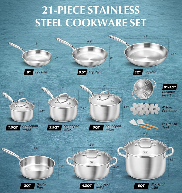 Stainless Steel Cookware Set 21 Piece with 5-Layer Base, Professional 18/10 Stianless Steel Pots and Pans Set, Oven&Dishwasher Safe, Non Toxic, Induction Kitchen Cooking Sets, 21PCS7