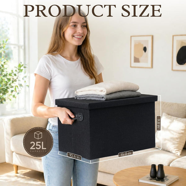 Fabric Storage Bins with Lids, Heavy Duty Collapsible Organizer Bins for Shelves, Stackable Closet Woven Baskets with Handles, 25L Rectangle Boxes for Bedroom Office, Cube Home Decor (Black 2 Pack)2