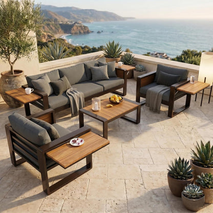 Large 4-Piece Outdoor Patio Furniture Set for 5 Person, 3-Seater Sofa, 2 Armchairs with Fold-Out Side Tables, Aluminum Frame & Plastic-Wood, Modern Garden/Patio Seating, Grey Cushions1