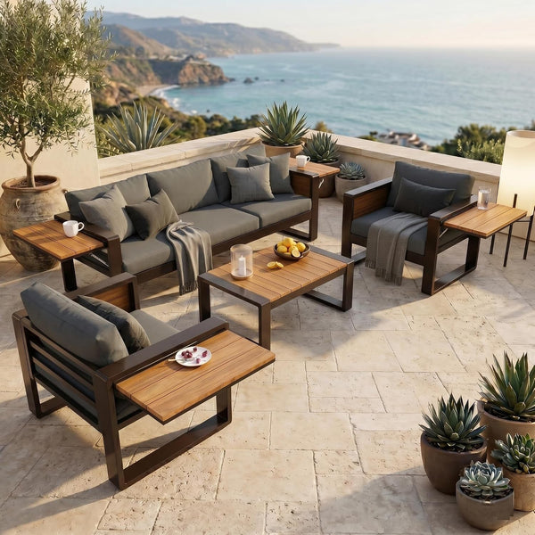 Large 4-Piece Outdoor Patio Furniture Set for 5 Person, 3-Seater Sofa, 2 Armchairs with Fold-Out Side Tables, Aluminum Frame & Plastic-Wood, Modern Garden/Patio Seating, Grey Cushions1