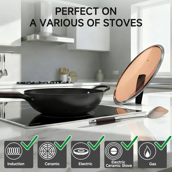 13.5" Carbon Steel Wok Pan - Pre-Seasoned Flat Bottom Woks & Stir-Fry Pans Chinese Cookware with Lid & Spatula - for Pan-Fry,Stir Fry, Steam, BBQ & Camping - Compatible with Induction, Gas7