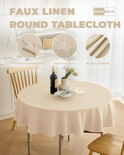 Faux Linen round Table Cloth 60 Inch, Waterproof Decorative Fabric Anti-Scratch Texture round Tablecloth Cover for Dining, Kitchen & Outdoor Table (60 Inch, round (2-4 Seats), Beige)3