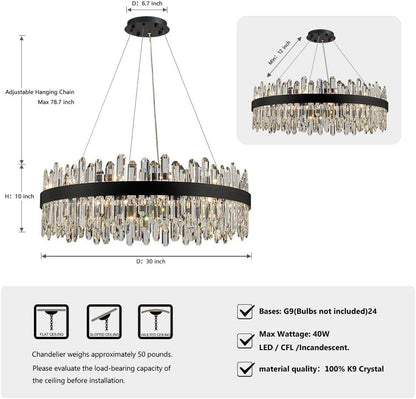 Black Modern Oval Crystal Chandelier, 24-Lights Luxury Chandeliers 2-Tiers K9 Crystal Chandelier Pendant, Light Fixture G9 Lights for Dining Living Room Entryway Kitchen Dia 30 Inch2