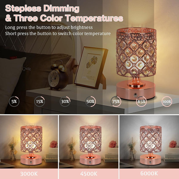 Rose Gold Crystal Rechargeable Cordless Table Lamp, Touch Small Desk Lamp5