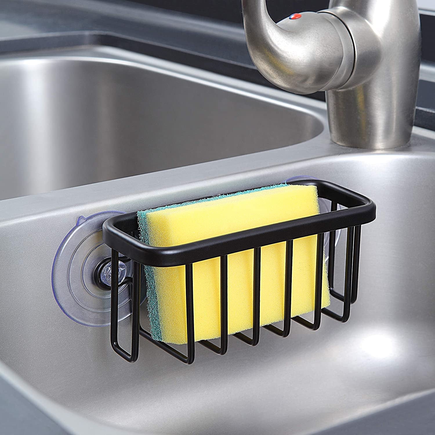 neverrust-kitchen-bathroom-sink-caddy-for-sponges-scrubbers-soap-6-x-2-5-x-2-65-with-adhesive-mount-additional-suction-cup-included-aluminum-black