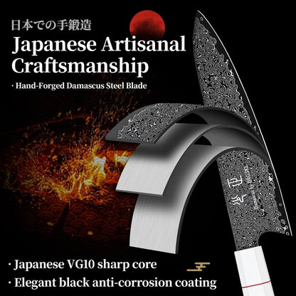 Japanese Knife Set Damascus - VG10 Kitchen Knife Set 3 PCS | Japanese VG10 Core, Black Anti-Corrosion Coating, Damascus Blade, G10 Handle, Gift Box, Wet Edge Grinding Technology3