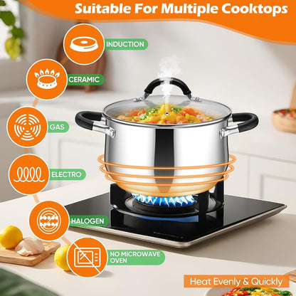6 Quart Stainless Steel Stock Pot, Cooking Pot with Visible Lid | for Soup Pasta, Tri-Ply Bottom & Dual Heatproof Handles, for Induction Gas All Stoves, Non-Toxic & Dishwasher Safe6