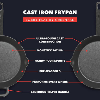 X Bobby Flay 2 Pack (8" & 10") Pre-Seasoned Cast Iron Skillet Set | Natural Nonstick with Use, Heavy Duty, Induction & All Stovetop Compatible, High Heat & Oven Safe, Indoor/Outdoor6