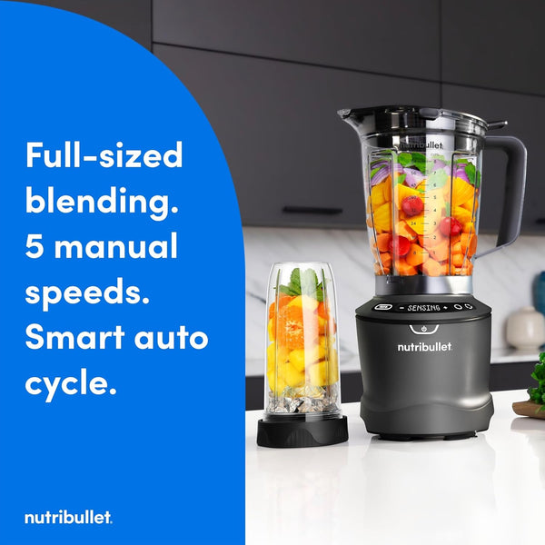Nutribullet Smartsense Blender Combo, 1400W, 64Oz Pitcher, 32Oz & 24Oz Cups, 5-Speed, Smoothies, Ice and Frozen Fruit, Nut Milk, Soup, Gunmetal Gray, NBF507002