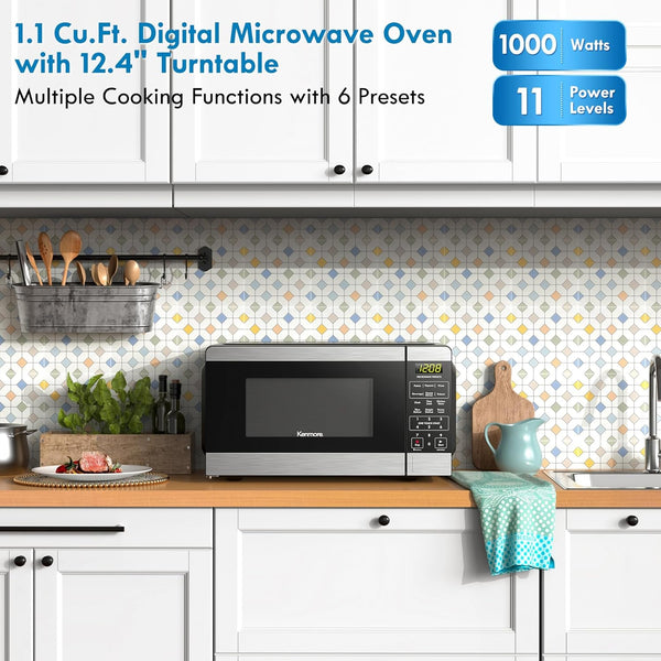Countertop Microwave, 6 Auto-Preset Menus, Child Lock, Defrost & Express Cooking Features, 1.1 Cu Ft, Stainless Steel2