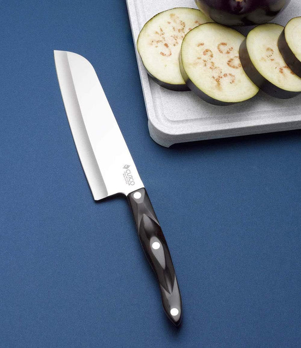 Cutlery Model 1766 Santoku Knife. 7.0" High Carbon Stainless Straight Edge Blade.5.6" Classic Brown Handle (Sometimes Called "Black") in Factory-Sealed Plastic Bag.2