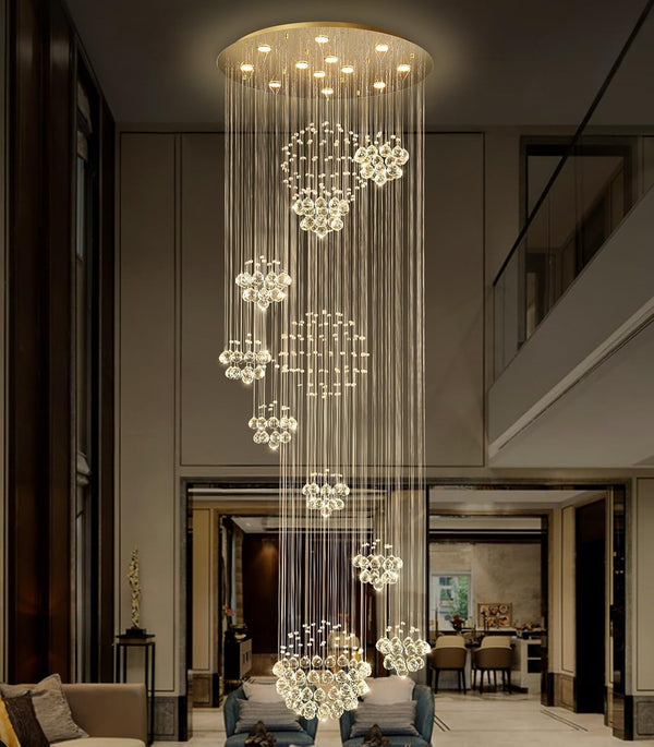 118" Modern Large Chandelier for Foyer Raindrop Crystal Chandeliers LED Dimmable High Ceiling Flush Mount Light Fixtures for Staircaes Hallway Entryway Gold1