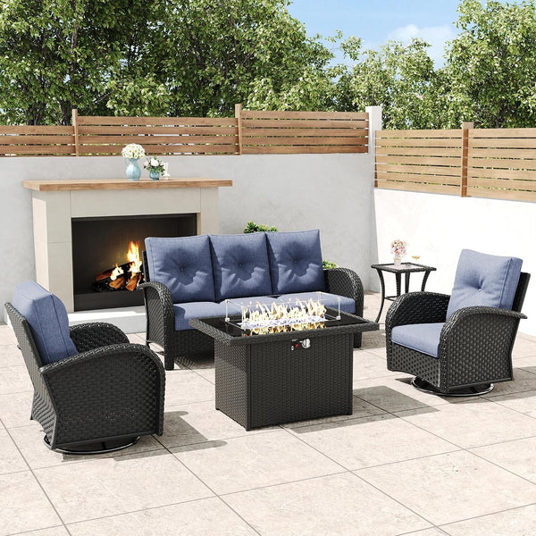 5 Pieces Outdoor Wicker Patio Swivel Rocking Chairs, All Weather Wicker Conversation Set with 44" Fire Pit Table1