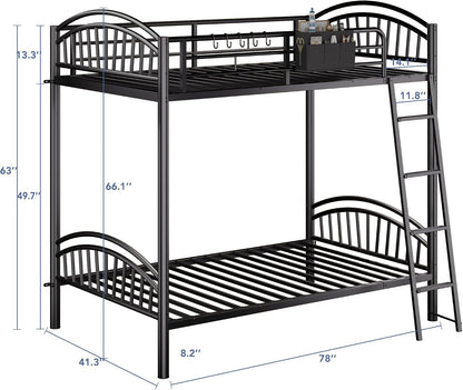 Metal Bunk Bed Twin over Twin with Storage Bag, 2 Twin Size Beds with Safety Guard Rails and Anti-Tip Nails for Teenager，Girls or Boys (Black)2