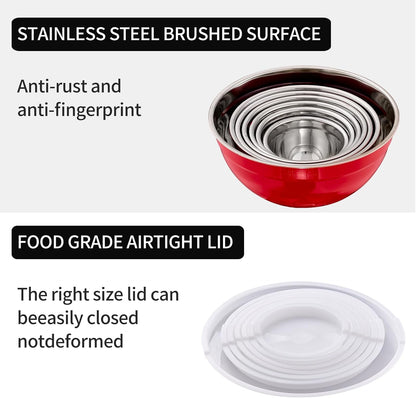 Red Mixing Bowls with Lids Set of 7, Stainless Steel Nesting Bowl with Khaki Lid for Non-Slip Mixing Prepping Storing Serving, 7 Sizes-7/3.6/2.7/2.1/1.5/1/0.8 QT4