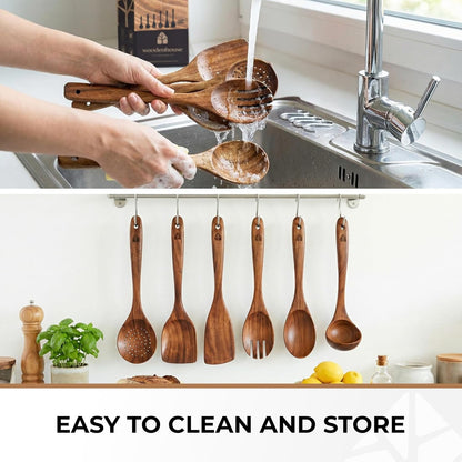 Wooden Spoons for Cooking 6 Pcs, Teak Wooden Utensil Set with Hanging Hooks8