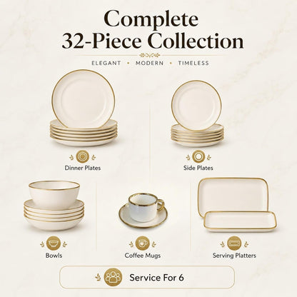 32-Piece Ceramic Dinnerware Set for 6, White Tableware Set with Gold Trim, Dinner Plates, Salad Plates, Bowls, Mugs & Rectangular Serving Platters for Everyday Dining, Home & Housewarming Gift3