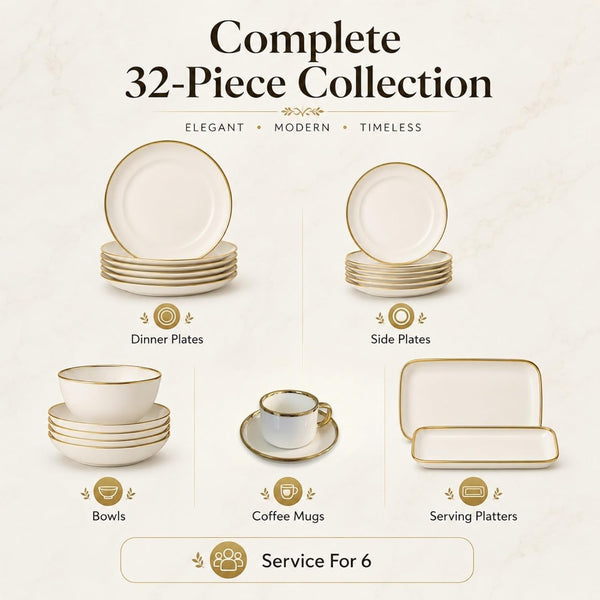 32-Piece Ceramic Dinnerware Set for 6, White Tableware Set with Gold Trim, Dinner Plates, Salad Plates, Bowls, Mugs & Rectangular Serving Platters for Everyday Dining, Home & Housewarming Gift3