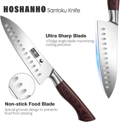 7" Chef Knife,Razor-Sharp Santoku Knife with Ergonomic Wood Handle3