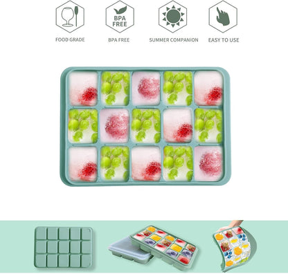 Ice Cube Trays Set of 2, 15-Cube Silicone Molds with Removable Lids | Stackable, Easy Release, Bpa-Free, Reusable, for Freezer and Whiskey3