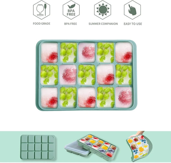Ice Cube Trays Set of 2, 15-Cube Silicone Molds with Removable Lids | Stackable, Easy Release, Bpa-Free, Reusable, for Freezer and Whiskey3
