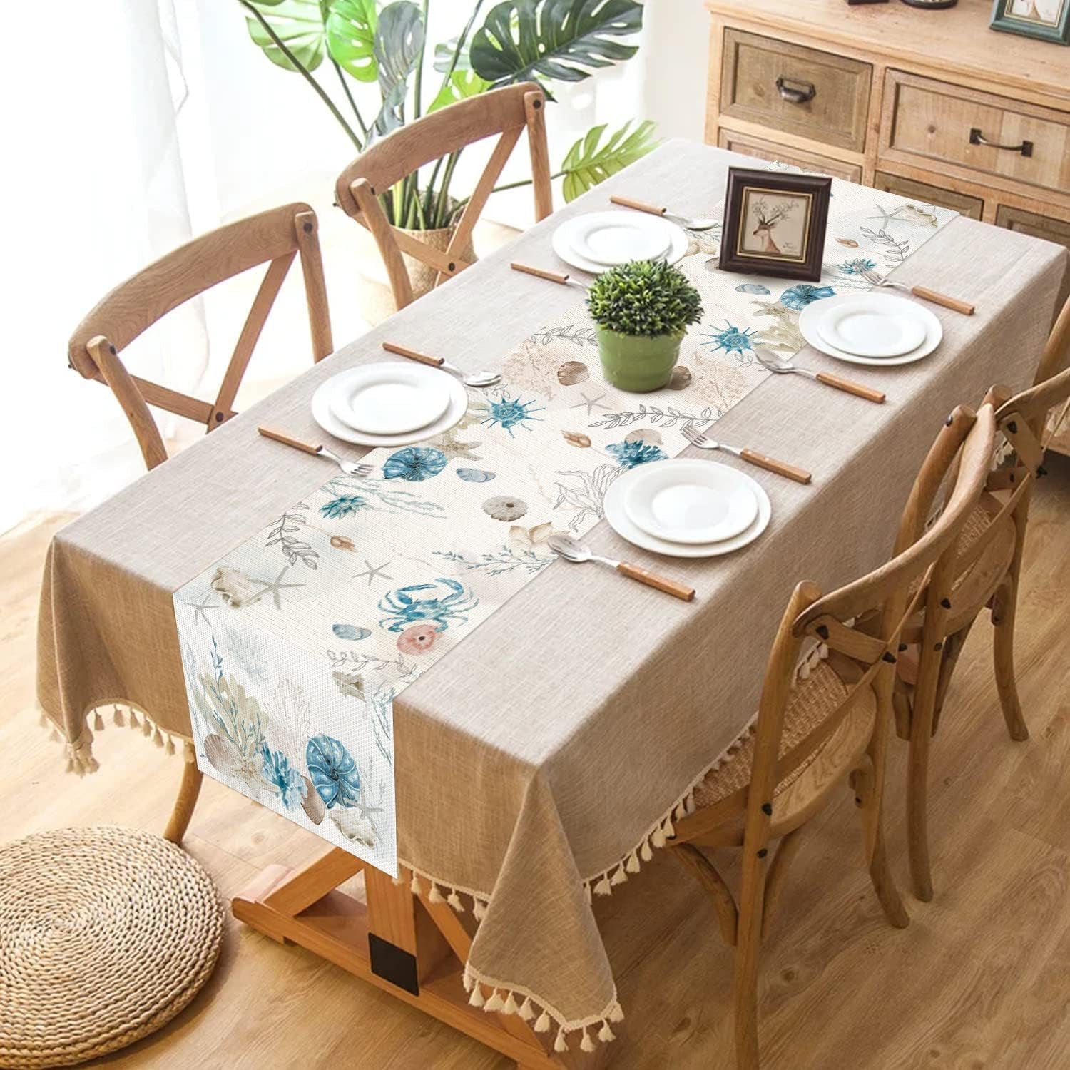 blue-beach-table-runner-tropical-ocean-coastal-table-runners-seashell-burlap-seasonal-nautical-kitchen-dining-coffee-table-decor-for-home-holiday-party-indoor-outdoor-13x72-inch