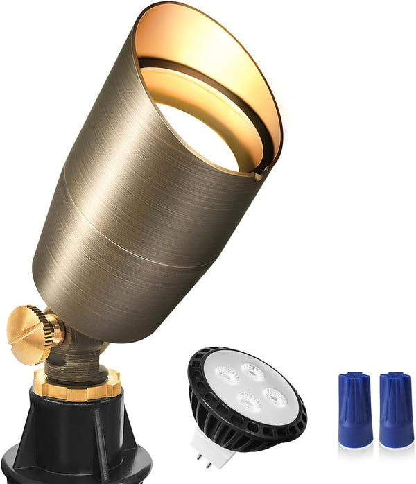 Solid Brass Low Voltage Compact Spotlight, 12V AC/DC Waterproof Outdoor Landscape Spot Lights for House Trees Garden Yard Lawn, up Light with 5W 2700K MR16 Bulb, Stake Included1