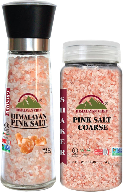 Himalayan Chef Himalayan Pink Salt Grinder & Pink Salt Shaker Refill Adjustable Grinder - Salt Mill and Salt Shaker | Set of 21
