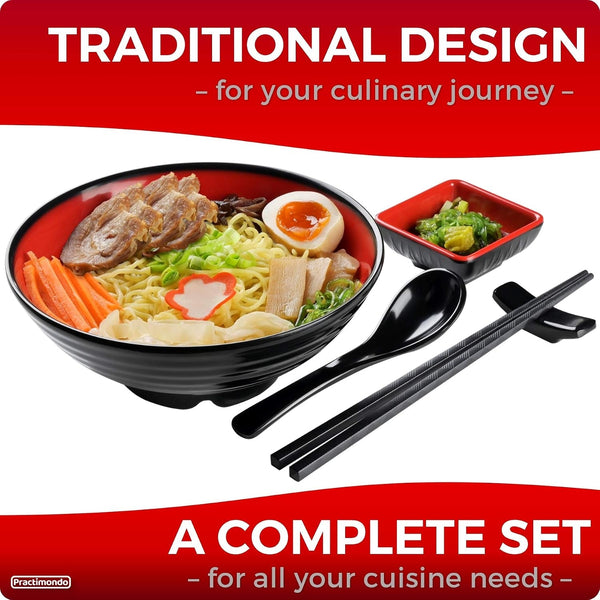 Unbreakable Ramen Bowl Set with Chopsticks and Spoon: 2 Large Japanese Style Melamine Ramen Bowls, Dipping Bowls and Chopstick Stands for Asian Pho Soup Thai Miso Udon Wonton (2 Bowl Set, Red-Black)3