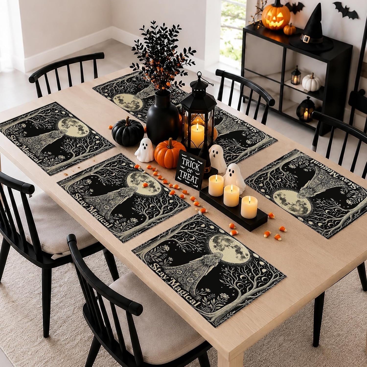 moon-placemats-set-of-6-fanciful-fantasy-trees-flowers-mystical-black-washable-non-slip-linen-placemats-decor-for-kitchen-indoor-outdoor-dinner-bbq-party-18x12-inch