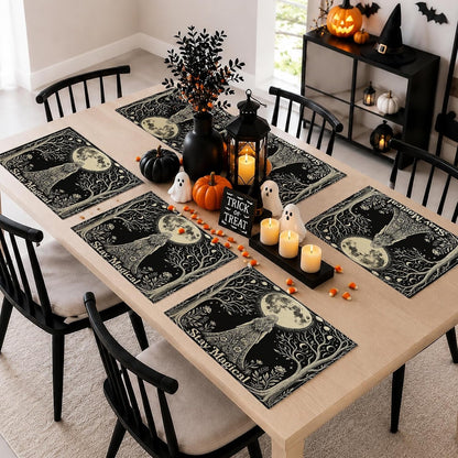 Moon Placemats Set of 6, Fanciful Fantasy Trees Flowers Mystical Black Washable Non-Slip Linen Placemats Decor for Kitchen Indoor Outdoor Dinner BBQ Party 18X12 Inch3
