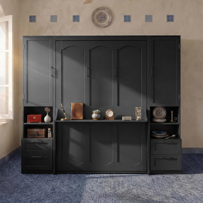 Queen Murphy Bed with Side Wardrobes & Drawers, Queen Size Wall Bed Frame, Multi-Functional Hidden Fold down Cabinet Bed with Clothing Hanging Rods & Open Shelves, Black1