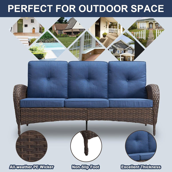 6 Piece Patio Conversation Sets - Wicker Patio Furniture Sets with Outdoor Swivel Rocker Chairs Outdoor Couch Perfect for Patio Deck Backyard, Brown Wicker Blue Cushion7