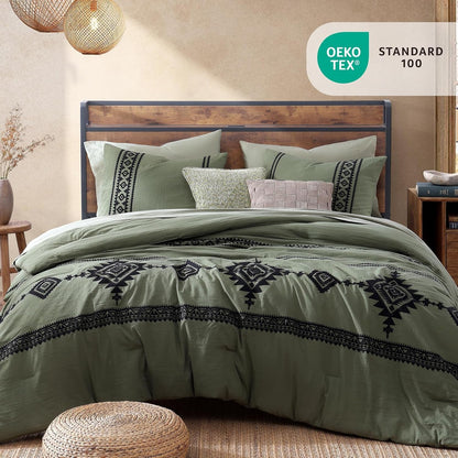 Embroidery Queen Comforter Set 7 Pieces Olive Green Bed in a Bag2