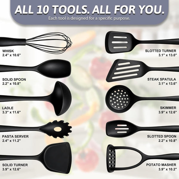 Thickened Silicone Cooking Utensils Set, 10Pcs Nonstick Kitchen Utensil Set with Solid Handle, Heat Resistant Silicone Spatula Set for Cooking, BPA Free Utensils Set with Potato Masher(Black)9