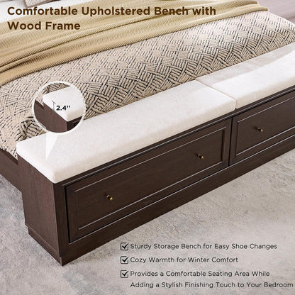 King Bed Frame W/Upholstered Headboard,Storage Bench,Walnut6