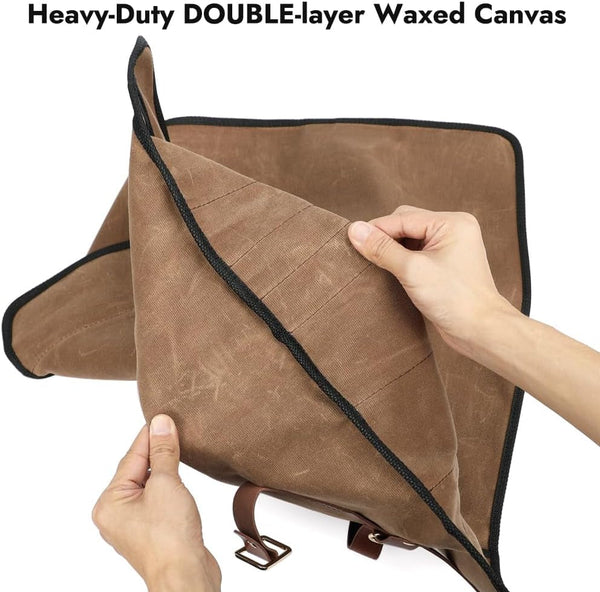Knife Roll with Leather Straps and Metal Buckles, Double Layer Waxed Canvas Knife Bag, Large Chef Knife Bag with Handle and Shoulder Strap5