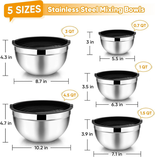Mixing Bowls Set of 5, Stainless Steel Metal Salad Bowls with Lids2