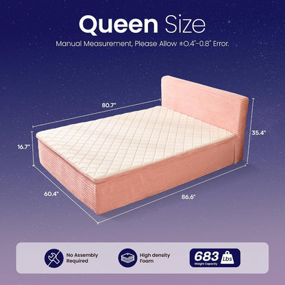 Queen Boneless Bed Frame with Mattress, 16 Inch Memory Foam Mattress with Plush Fabric Upholstered Bed Frame Platform, No Assembly Required,Cool Night & Relieve Pressure with Medium Support, Pink2
