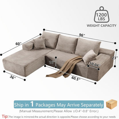96" Cloud Couch L-Shape Boneless Couch, Left Facing Chaise, Camel2