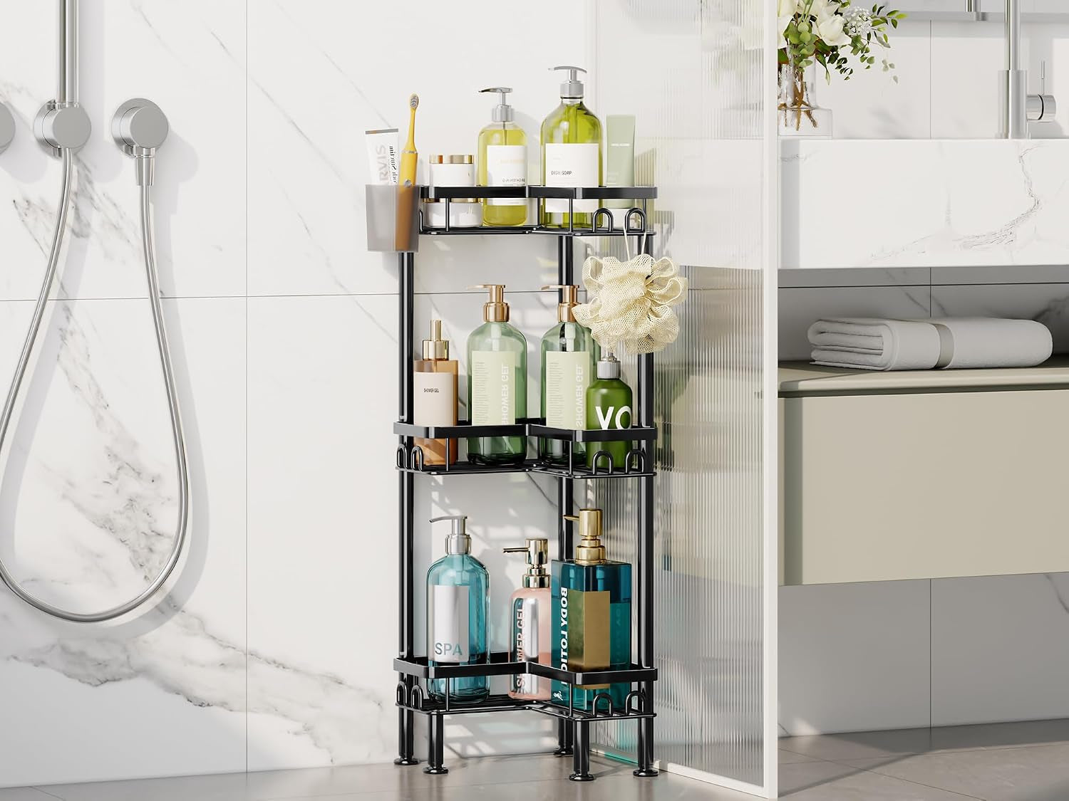 standing-shower-caddy-corner-3-tier-corner-shower-organizer-with-toothbrush-holder-and-12-hooks-large-capacity-rustproof-bathroom-shelves-for-tall-bottles-black