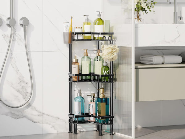 Standing Shower Caddy Corner - 3 Tier Corner Shower Organizer with Toothbrush Holder and 12 Hooks, Large Capacity Rustproof Bathroom Shelves for Tall Bottles, Black6